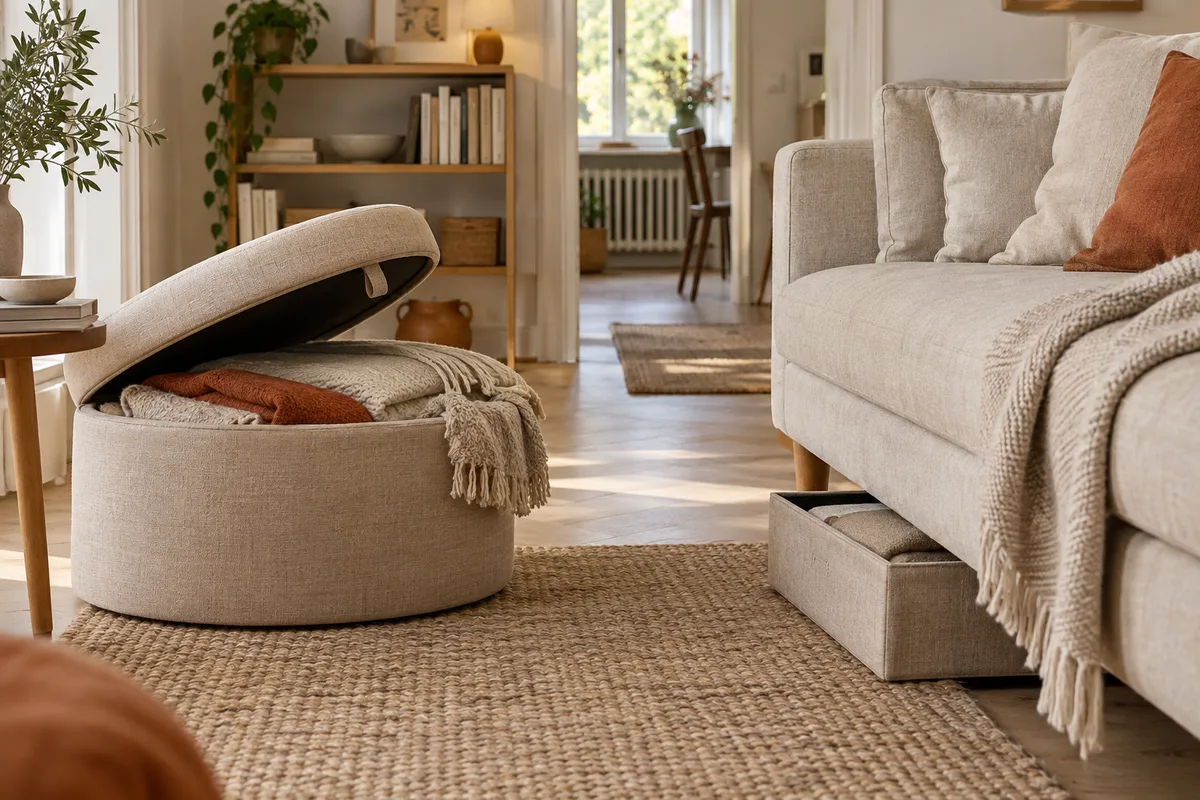 KI-Beispiel: kleines Wohnzimmer mit offenem Polsterhocker und flacher Box unter dem Sofa