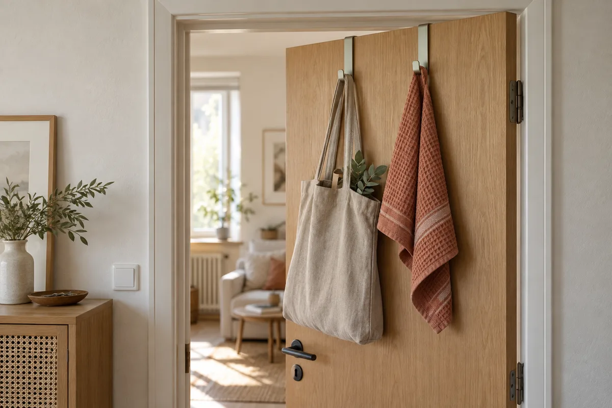 KI-Beispiel: leichte Stofftasche und Handtuch an Haken über einer geöffneten Innentür