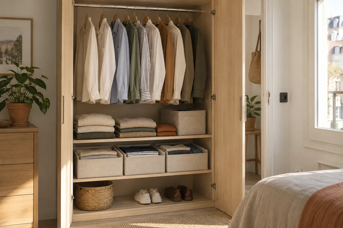 KI-Beispiel: kleiner Kleiderschrank mit Hemden, gefalteten Pullovern und Stoffeinsätzen